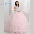 Sequined Beading Crystal Ruffles Pink Quinceanera Dresses Ball Gown